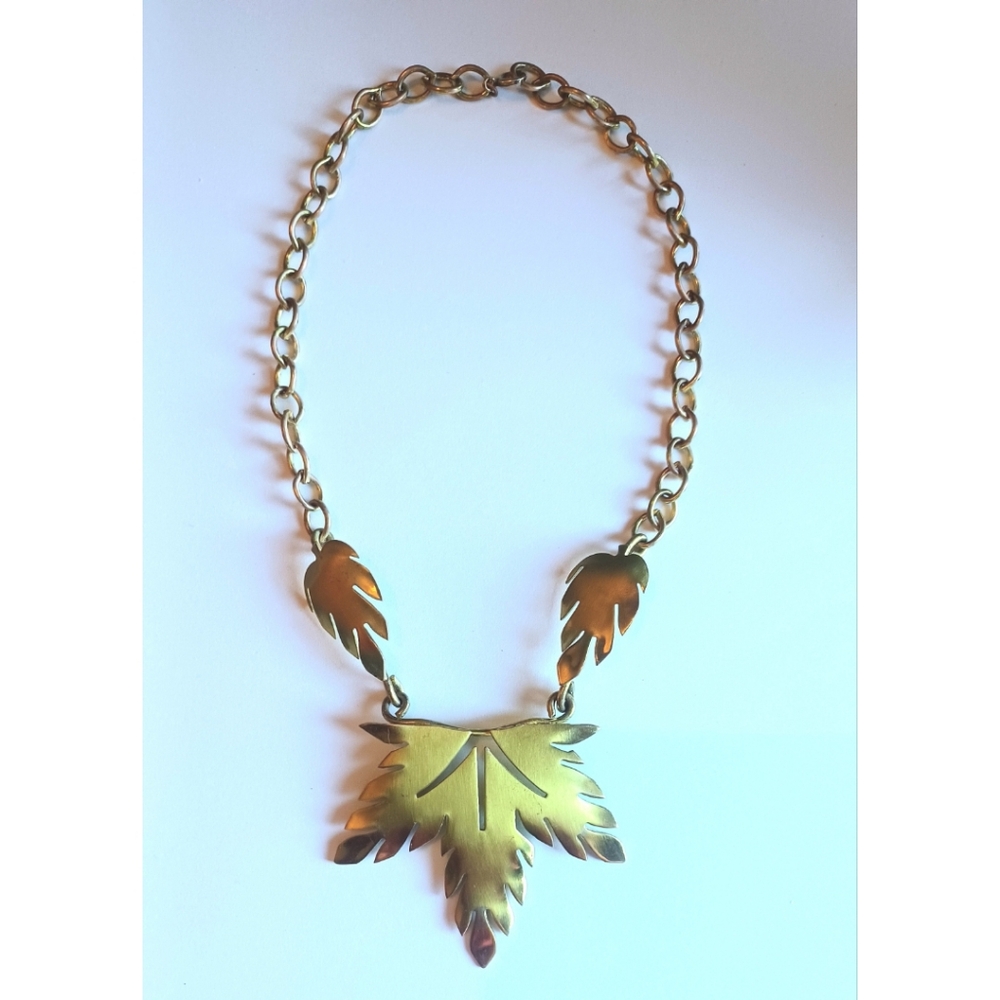 Midcentury Handcrafted Artisan Choker Necklace Brass Maple Leaf